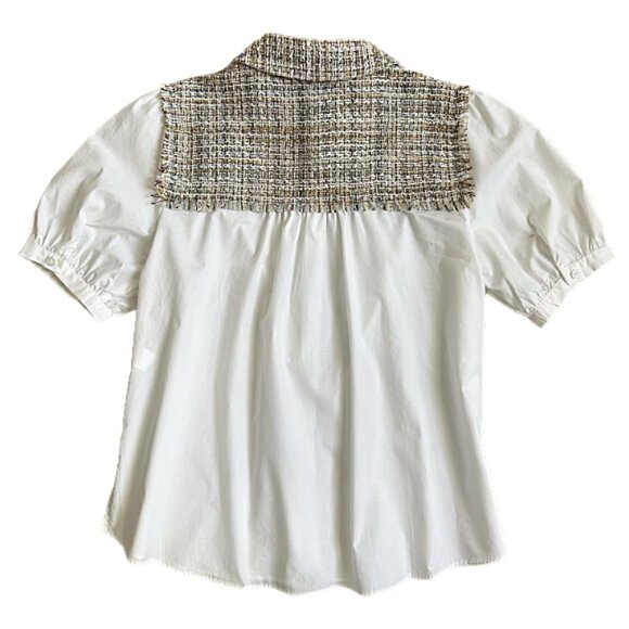 Zara White Puff Sleeve Blouse Cream Tweed Trim Contrast Button Front Shirt M - Picture 6 of 10